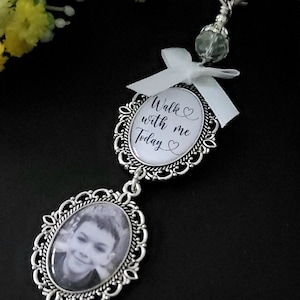 Wedding memorial photo bouquet charm, Something blue, Personalised bridal charm with quote Walk with me today image 4