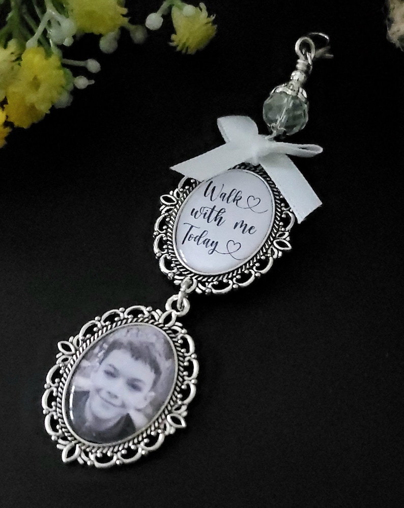 Wedding memorial photo bouquet charm, Something blue, Personalised bridal charm with quote Walk with me today image 4