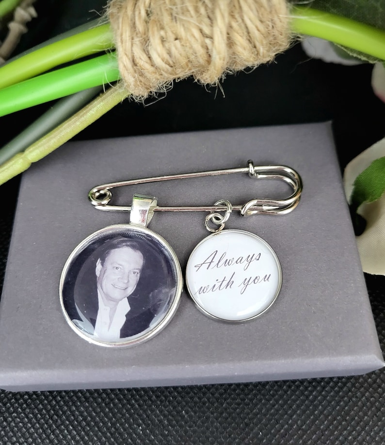 Boutonniere Photo Charm personalised with photo & Quote Charm Grooms Buttonhole Pin, Memorial Charm for Groom Lapel Photo Charm Pin image 3