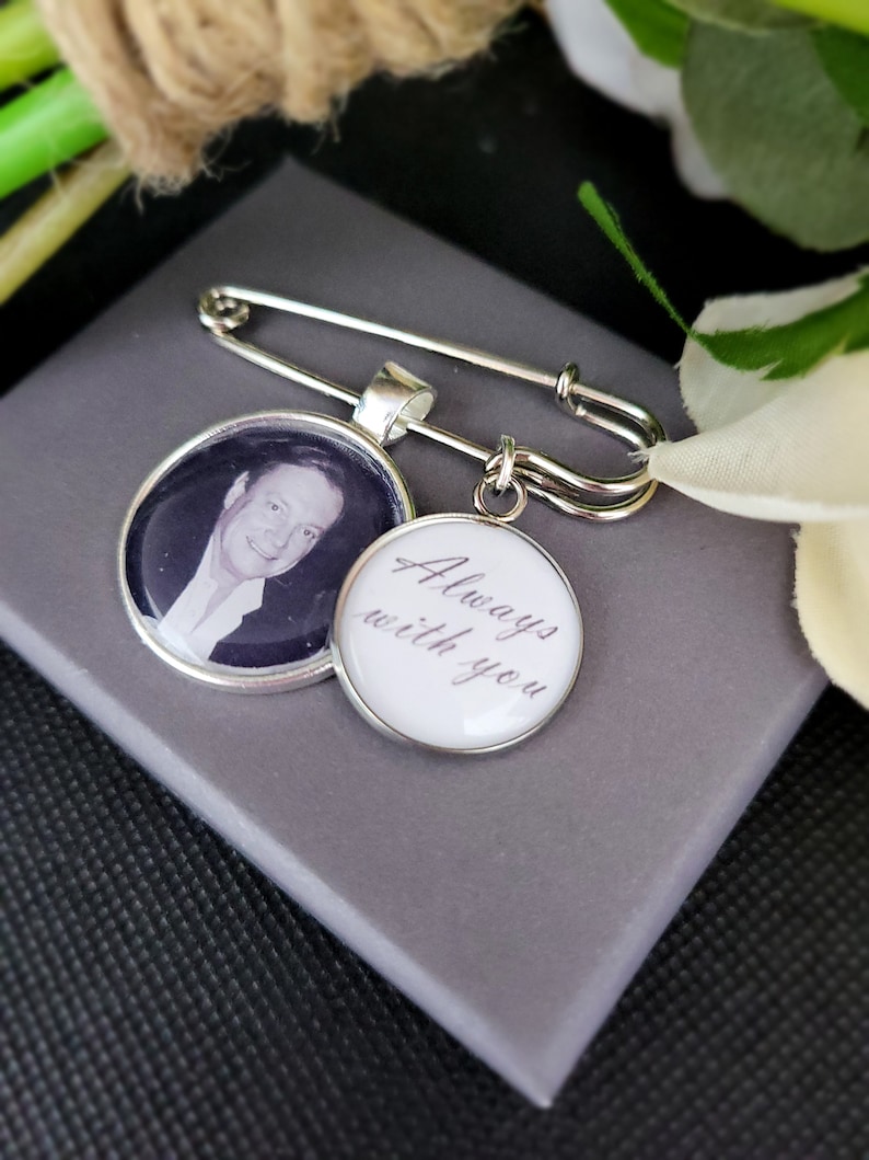 Boutonniere Photo Charm personalised with photo & Quote Charm Grooms Buttonhole Pin, Memorial Charm for Groom Lapel Photo Charm Pin image 1