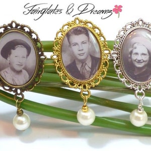 Silver/Bronze/Gold Memorial Photo Brooch personalised with your own photo bouquet photo charm, remembrance broach Pin, photo broach