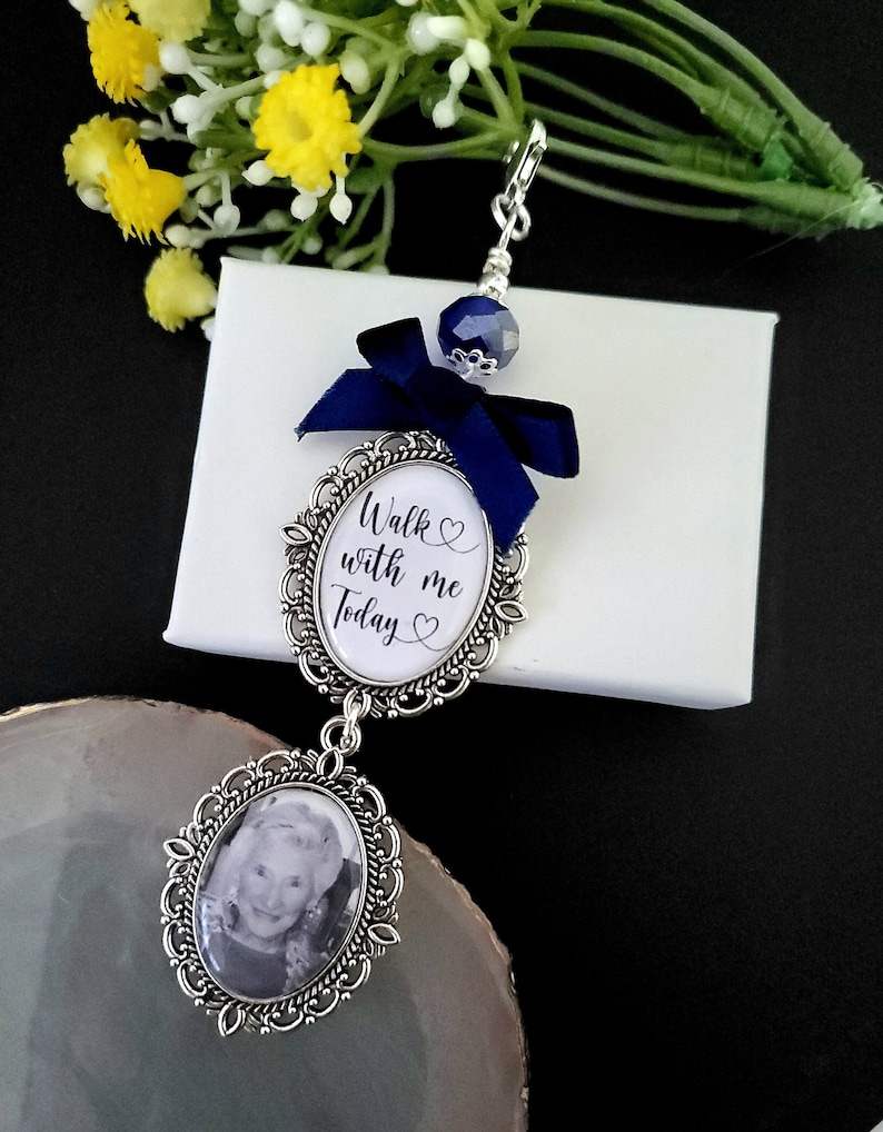 Wedding memorial photo bouquet charm, Something blue, Personalised bridal charm with quote Walk with me today image 1