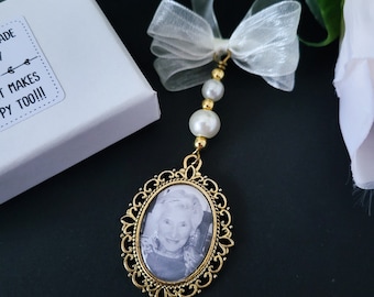 Gold Bridal Bouquet Photo Charm personalised with your own photo, Glass pearl Oval Memorial Charm, Keepsake Jewellery Gifts