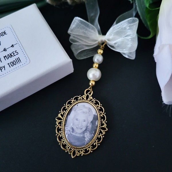 Gold Bridal Bouquet Photo Charm personalised with your own photo, Glass pearl Oval Memorial Charm, Keepsake Jewellery Gifts