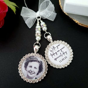 Photo Charm for bouquet, personalised date and "with you today"wedding Memorial Charm with triple bow, bridal charm, Diamante pearl charm