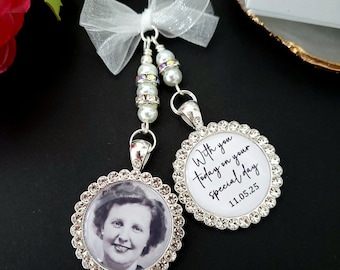 Photo Charm for bouquet, personalised wedding Memorial Charm with triple bow, Flower bridal charm , Diamante pearl beaded pendant charm