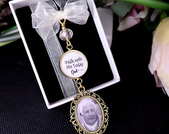 GOLD Bridal Bouquet Photo Charm personalised with your own photo, Memorial Charm with glass bead, Walk with me bouquet charm