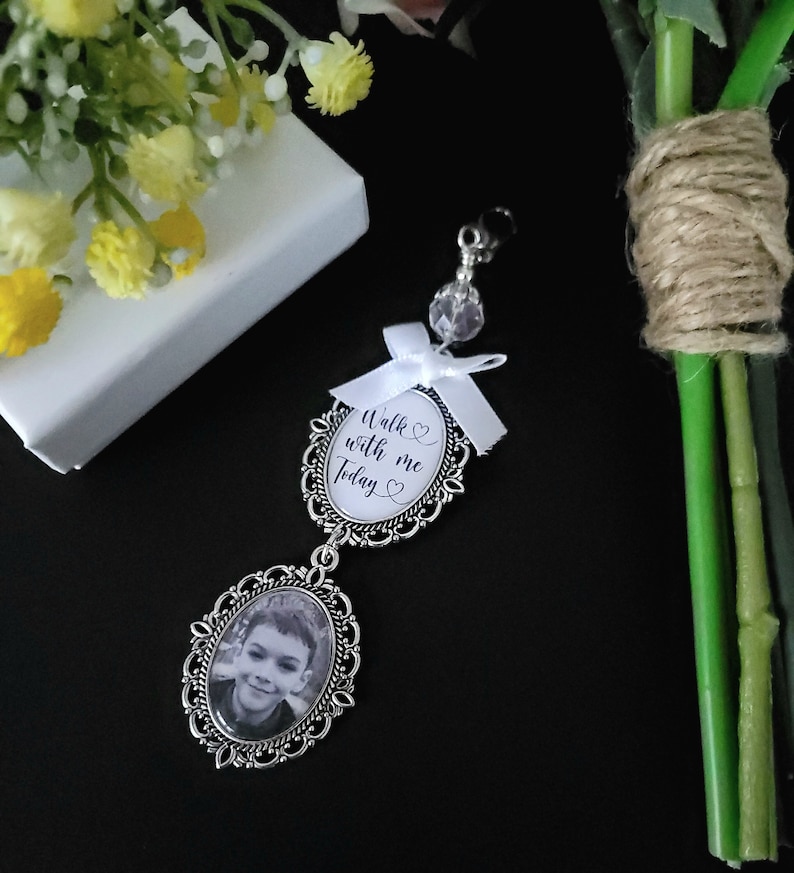 Wedding memorial photo bouquet charm, Something blue, Personalised bridal charm with quote Walk with me today image 3