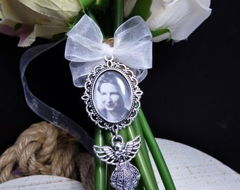 Bridal Bouquet Charm with Angel Charm, personalised with your own photo 25x18 Photo,  Memorial Charm, photo picture charm