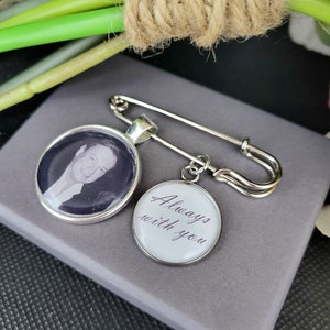 Boutonniere Photo Charm personalised with photo & Quote Charm Grooms Buttonhole Pin, Memorial Charm for Groom Lapel Photo Charm Pin image 2