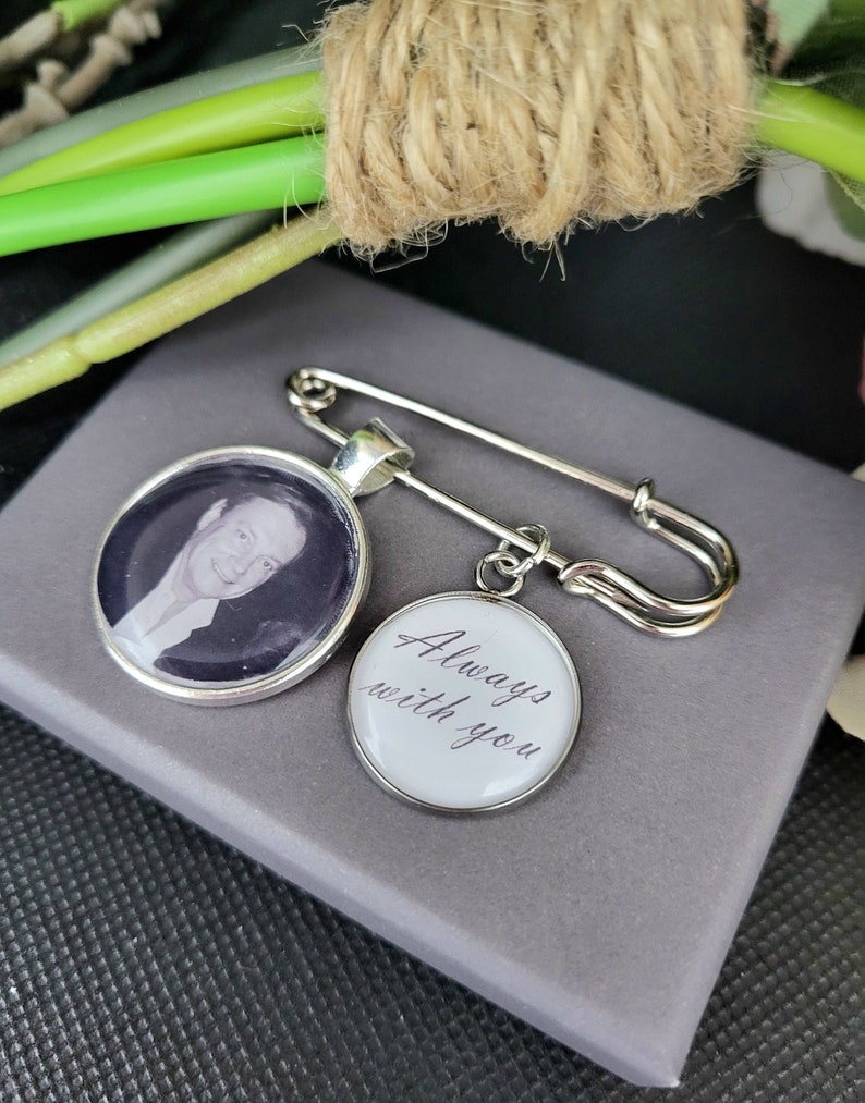 Boutonniere Photo Charm personalised with photo & Quote Charm Grooms Buttonhole Pin, Memorial Charm for Groom Lapel Photo Charm Pin image 2