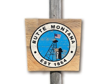 Butte Montana, Butte America, Altholzschild, Montana-Kunst, rustikale Kunst, altes Schild, rustikales Kunstgeschenk, Lodge-Schild, Hüttenschilder, antikes Schild