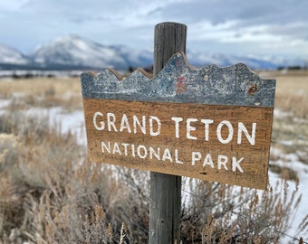 Grand Teton National Park, Tetons, Wyoming Art, Barnwood Sign, Salvaged Wood Art, Salvaged Metal, Rustic Art, National Parks, Barnwood Art