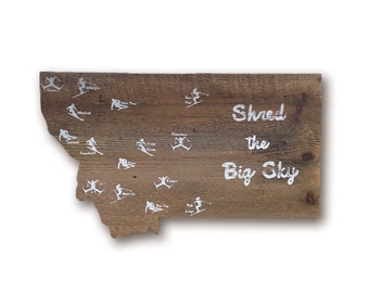 Montana Map, Big Sky, Ski In Montana, Montana Skiing, Ski Art, Reclaimed Wood Sign, Barnwood, Wood Art, Montana Skiing, Ski Map, Ski Gift