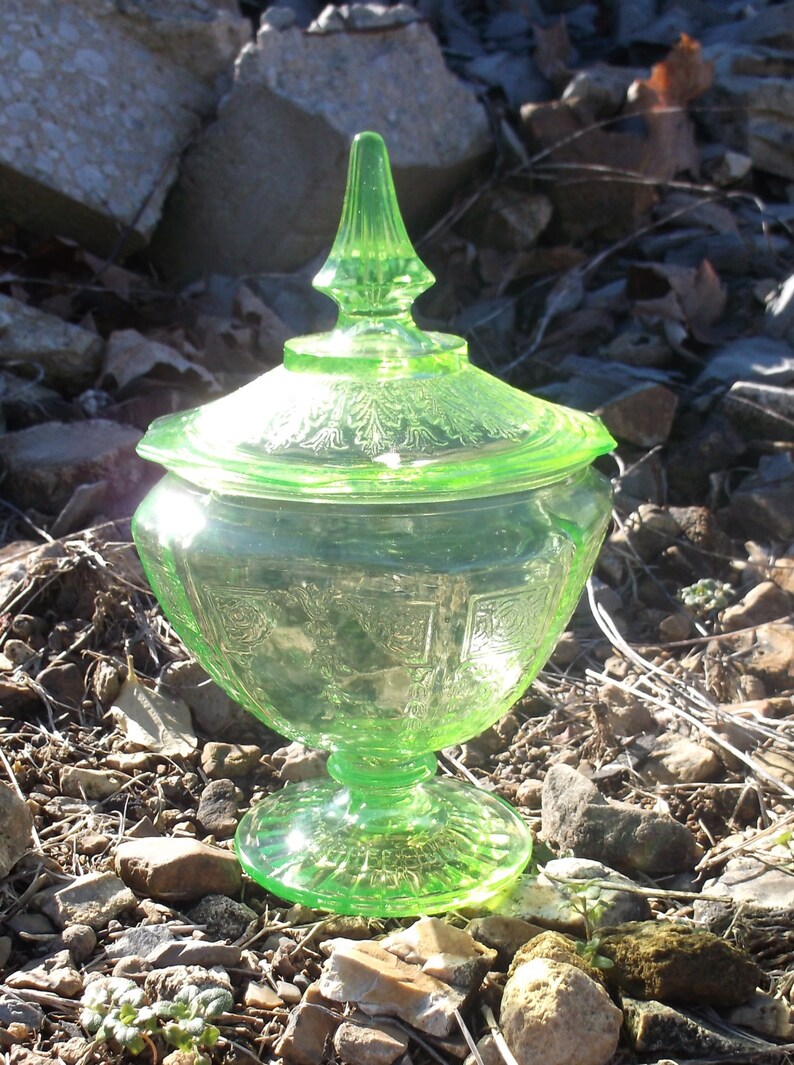 Green Depression Vaseline Glass Compote with lid Etsy
