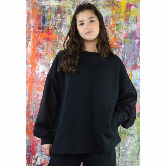 Black Pleat Sleeve Jumper with Pockets
