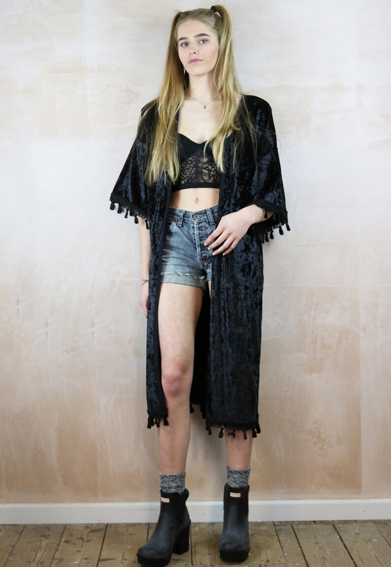 Black Velvet Tassel Kimono Etsy