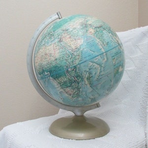 Vintage Rand McNally 12&quot; World Portrait Globe retro1970&#39;s teaching aid school accessory beach coastal decor turquoise blue