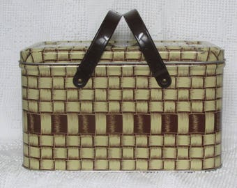 Vintage metal picnic basket with handles & removable lid 1950's retro mid century decor farmhouse
