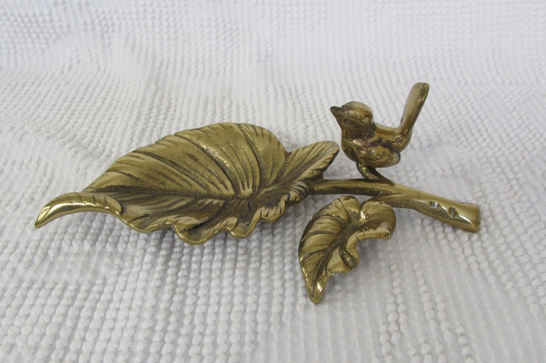 Vintage Solid Brass Leaf Dish With Perched Bird Trinket Dish Home Decor