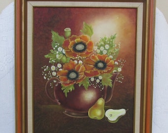 Mid century framed floral oil painting on canvas retro wall decor