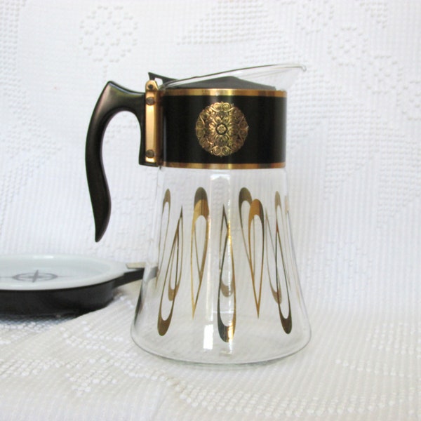 Vintage 60s David Douglas 4 cup glass coffee carafe flameproof with handle lid midcentury serve ware gold pattern