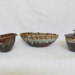 Vintage mid century USA brown drip glaze sugar bowl and creamer set 3 three piece ceramic with oval bowl