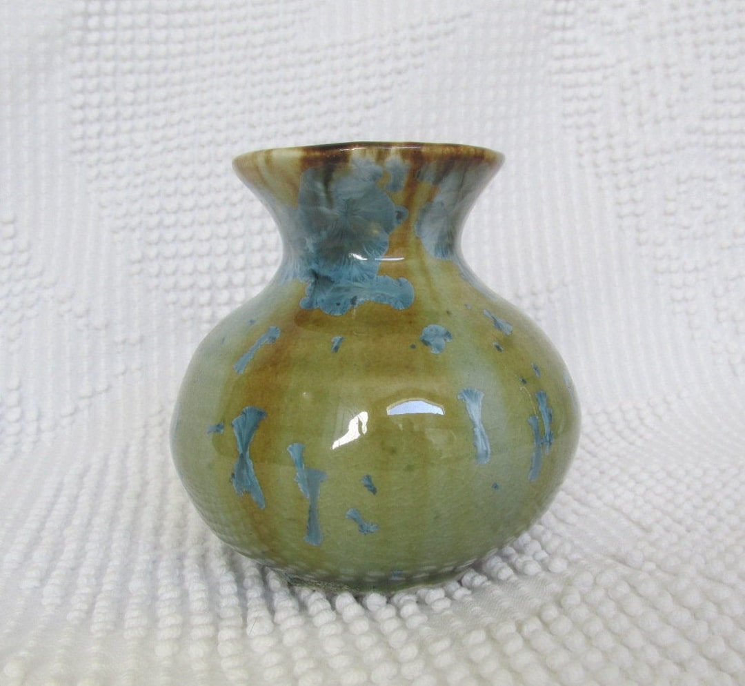 Vintage Studio Pottery Bud Vase Green With Blue 1980's Clay Ceramic ...