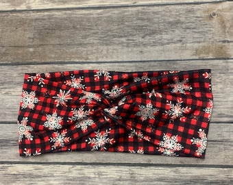 Snowflake Plaid Twist Headband - Christmas Holiday Knit