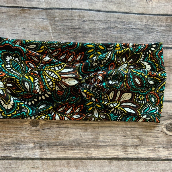 Women’s Knotted Headband - Teal Yellow and Orange Bright Vibrant Paisley