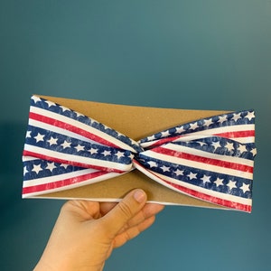 Women’s Knotted Headband - White with Red White and Blue Stars and Stripes - Fourth of July Headband - Patriotic Headband