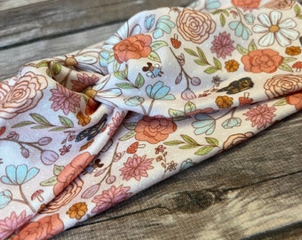 Twist Headband Daisy Floral - Pink  - Peach - Blue Flowers  - Butterflies - and Green Foliage