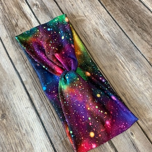 Women’s Knotted Headband -Bright  Galaxy Design - Purple- Green -Blue - Pink- Space - Wide Headband