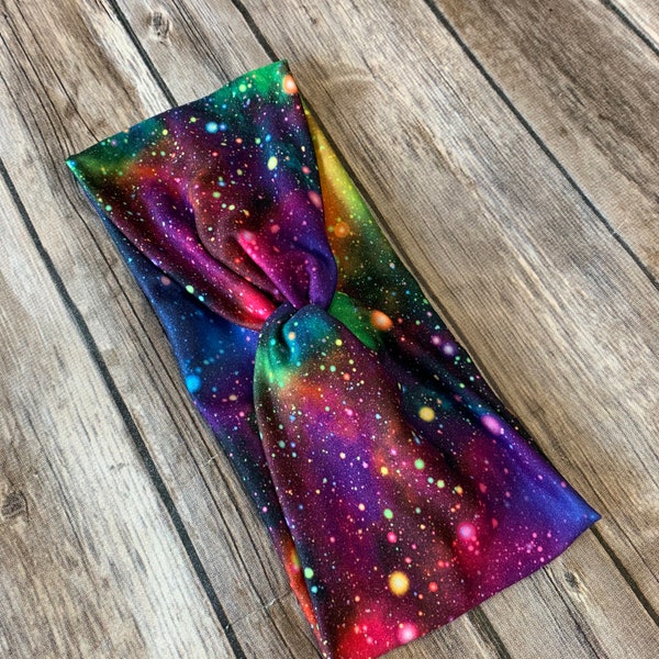 Women’s Knotted Headband -Bright  Galaxy Design - Purple- Green -Blue - Pink- Space - Wide Headband