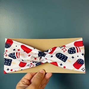 Women’s Knotted Headband - White with Red White and Blue Popsicles - Fourth of July Headband - Patriotic Headband