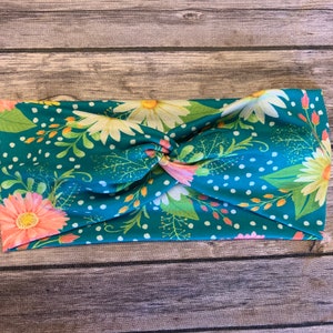 Women’s Knotted Headband - Bright Vibrant Daisies on Teal