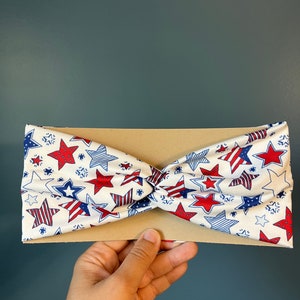 Soft Twist Knotted Headband - White with Red White and Blue Stars - Fourth of July Headband - Patriotic Headband