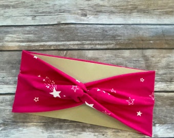 Women’s Knotted Headband - Dark Pink and White Stars