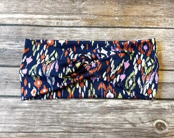 Women’s Knotted Headband - Navy Blue Floral Vibrant Floral on Blue Headband