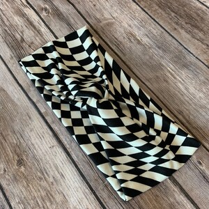 Women’s Knotted Headband - Black and White Funky Psychedelic Checkerboard - Twist Headband - Wide Headband