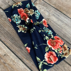 Handmade Knotted Headband: Navy Blue with Vibrant Floral Print