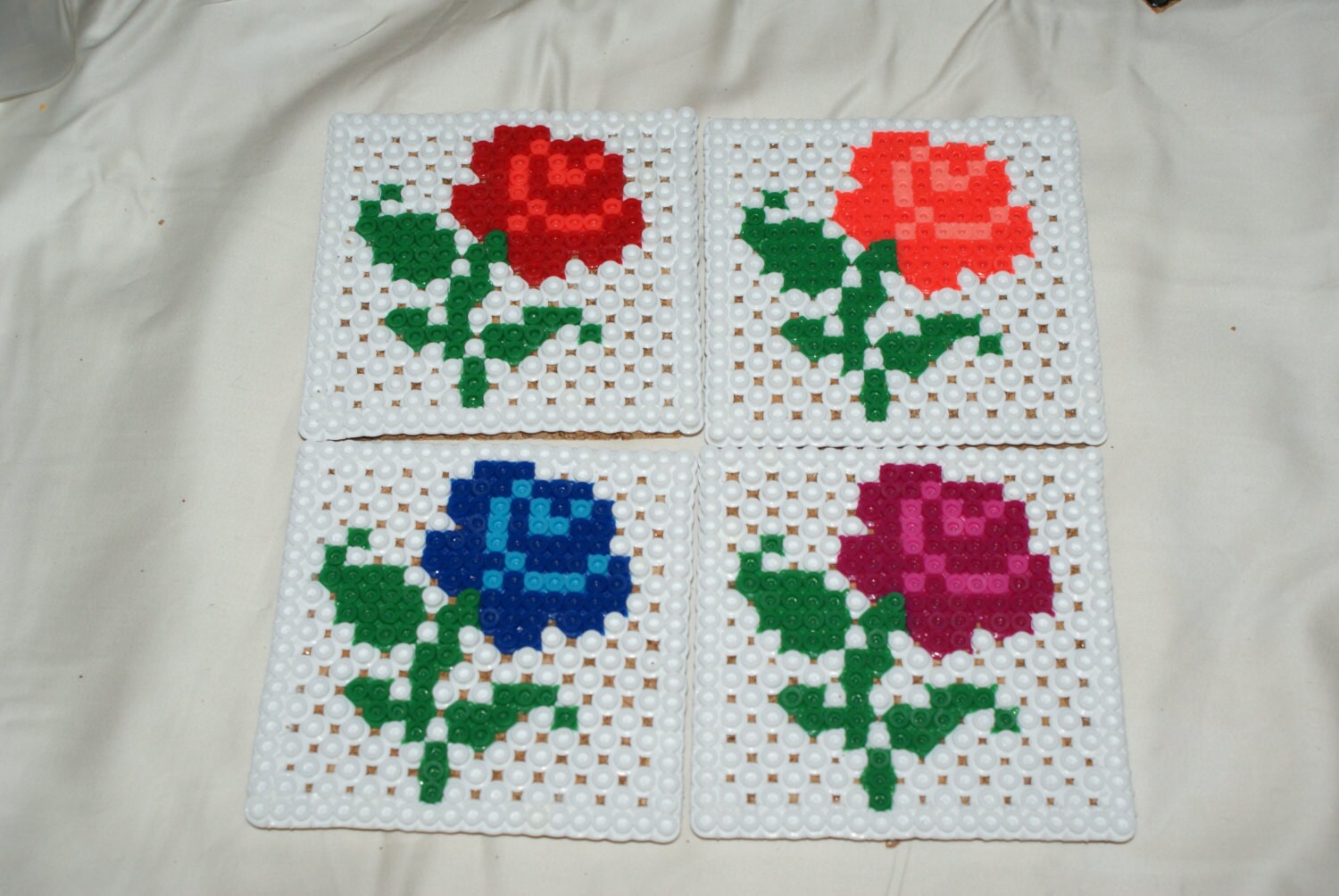 Set of 4 Rose Perler Bead Coasters Flower Coasters Garden Etsy