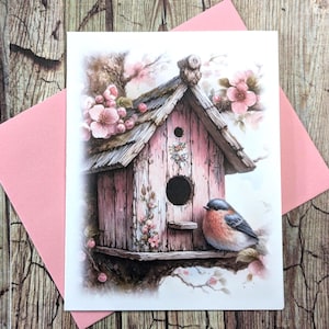 Bird Note Cards - Bird Greeting Cards - Pink Birdhouse - Blank Note Cards Birds - Watercolor Bird Card - Birdhouse- Flower Note Cards -
