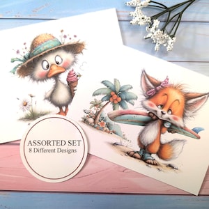 May include: Two illustrated cards featuring cartoon animals. One shows a duck wearing a hat and holding an ice cream cone. The other depicts a fox carrying a surfboard. The cards are part of an assorted set with 8 different designs.