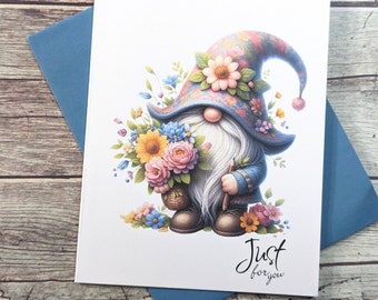 Flower Gnome Greeting Cards - Just For You - Handmade Set of 8