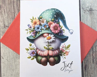 Spring Gnome Greeting Card: Floral, Handmade Note Card (Set of 8)