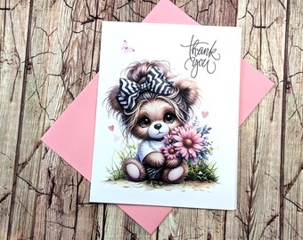 Handmade Teddy Bear Thank You Cards: Floral Bouquet Notes, Combined Shipping