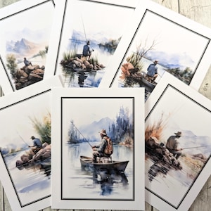 May include: Set of six watercolor paintings featuring a lone fisherman in a boat or on the bank of a river or lake. The paintings are framed in white mats with black borders.