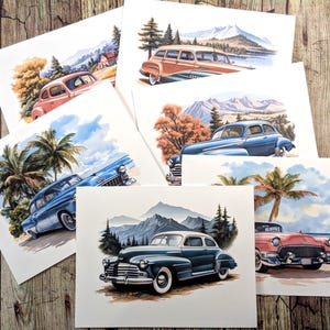 May include: A collection of watercolor art prints featuring classic cars in various settings. The prints showcase vintage automobiles in shades of red, blue, and brown, set against landscapes with mountains, palm trees, and bodies of water.