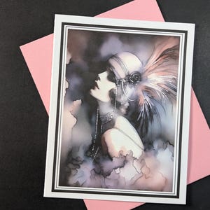 May include: A watercolor painting of a woman wearing a feathered hat and a beaded necklace. The background is a soft, muted gray and pink.